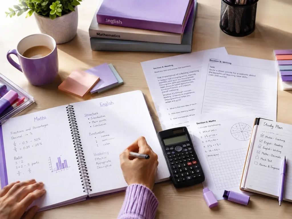 Functional Skills Maths and English course study materials with laptop, notebook and calculator