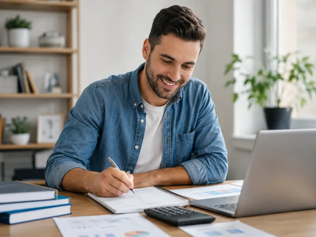Functional Skills Maths Level 2 exam preparation with calculator, notebook and laptop