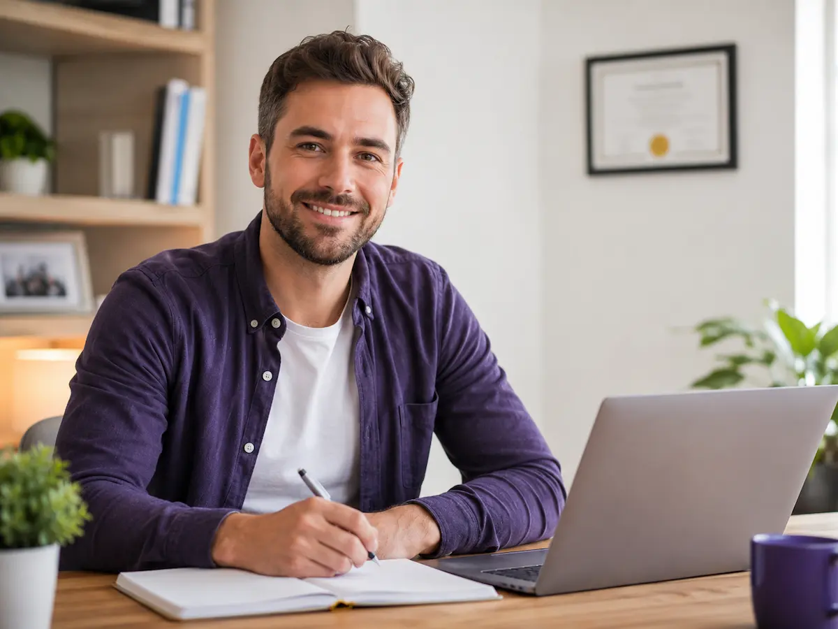Adult male learner studying online and feeling confident after Functional Skills Level 2 progress